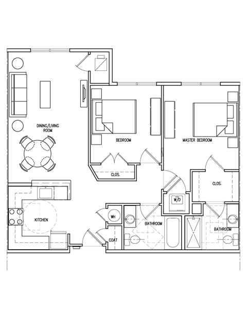 Floor plan for 2 beds, 2 baths, 955 sqft
